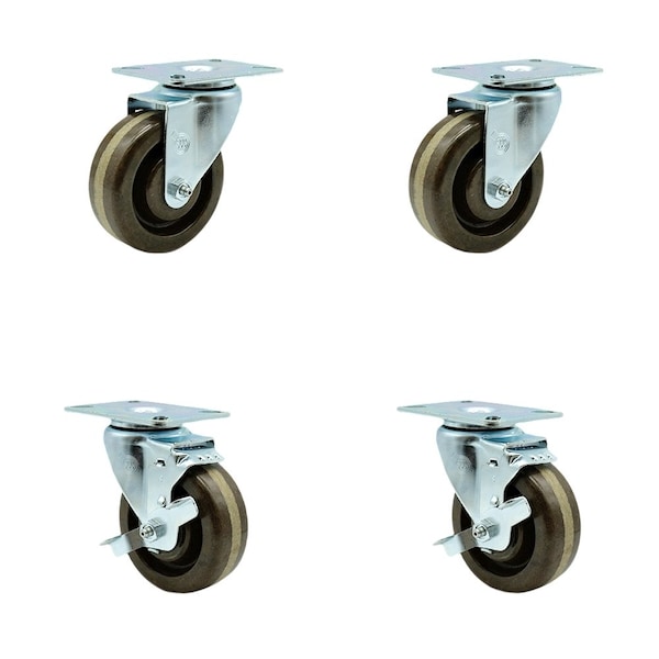 4'' High Temp Phenolic Wheel Swivel Top Plate Caster Set with 2 Brakes, 4PK